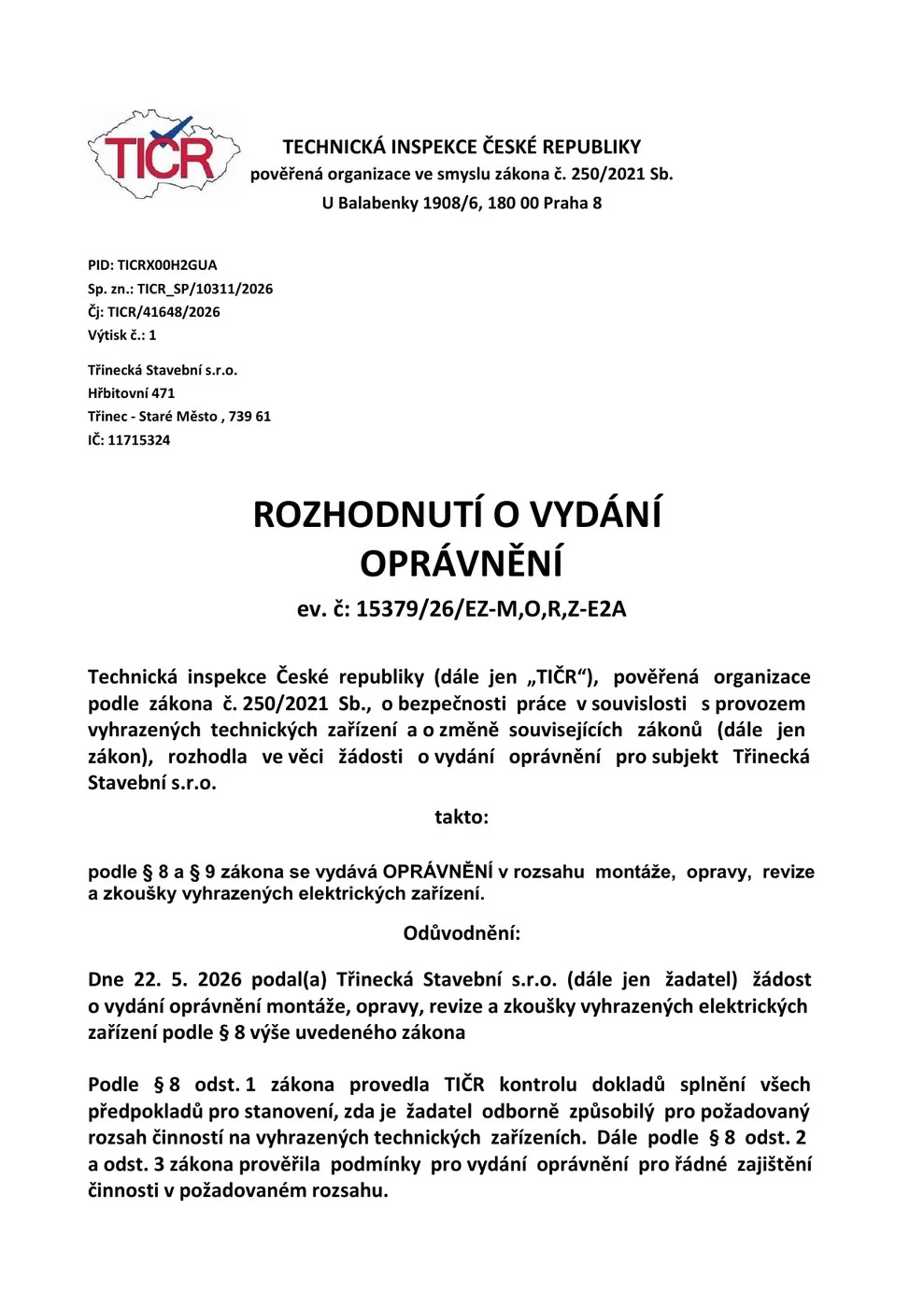 Náhled certifikátu TIČR — vyhrazená el. zařízení