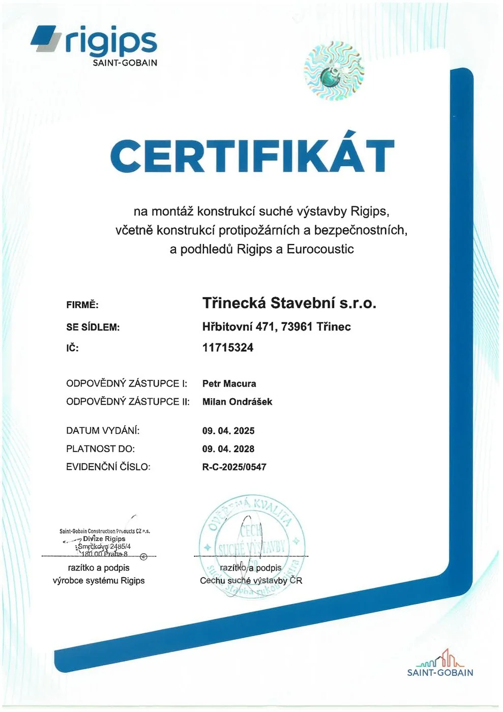 Náhled certifikátu Rigips — suchá výstavba