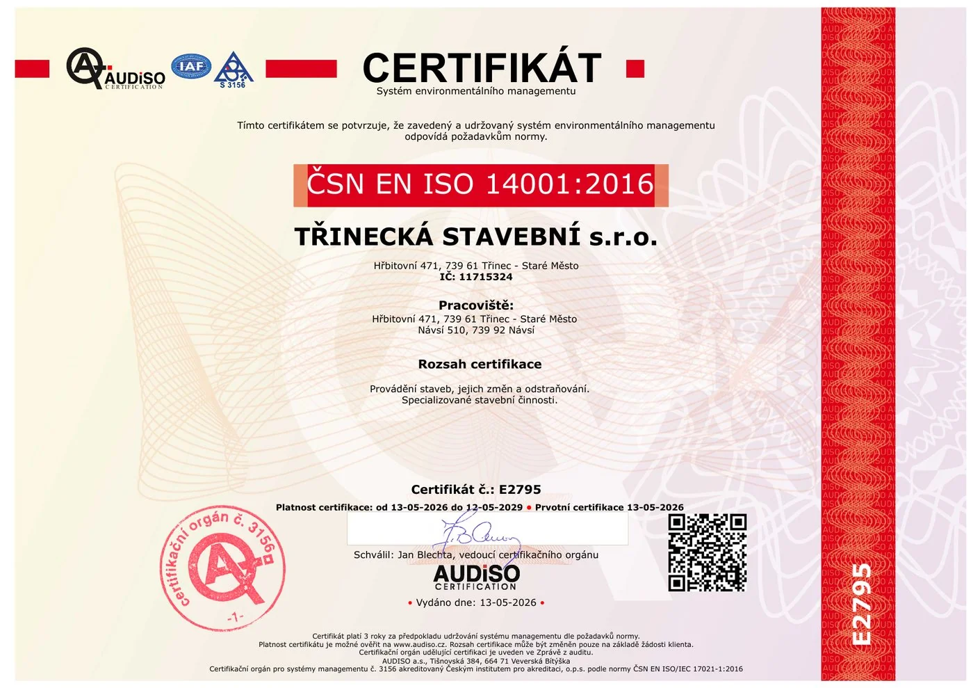Náhled certifikátu ČSN EN ISO 14001:2016